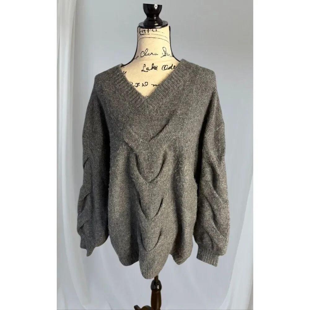Blu Ivy Women's Size M/L Chunky Cable Knit Balloon Sleeve Sweater Gray - Picture 2 of 8
